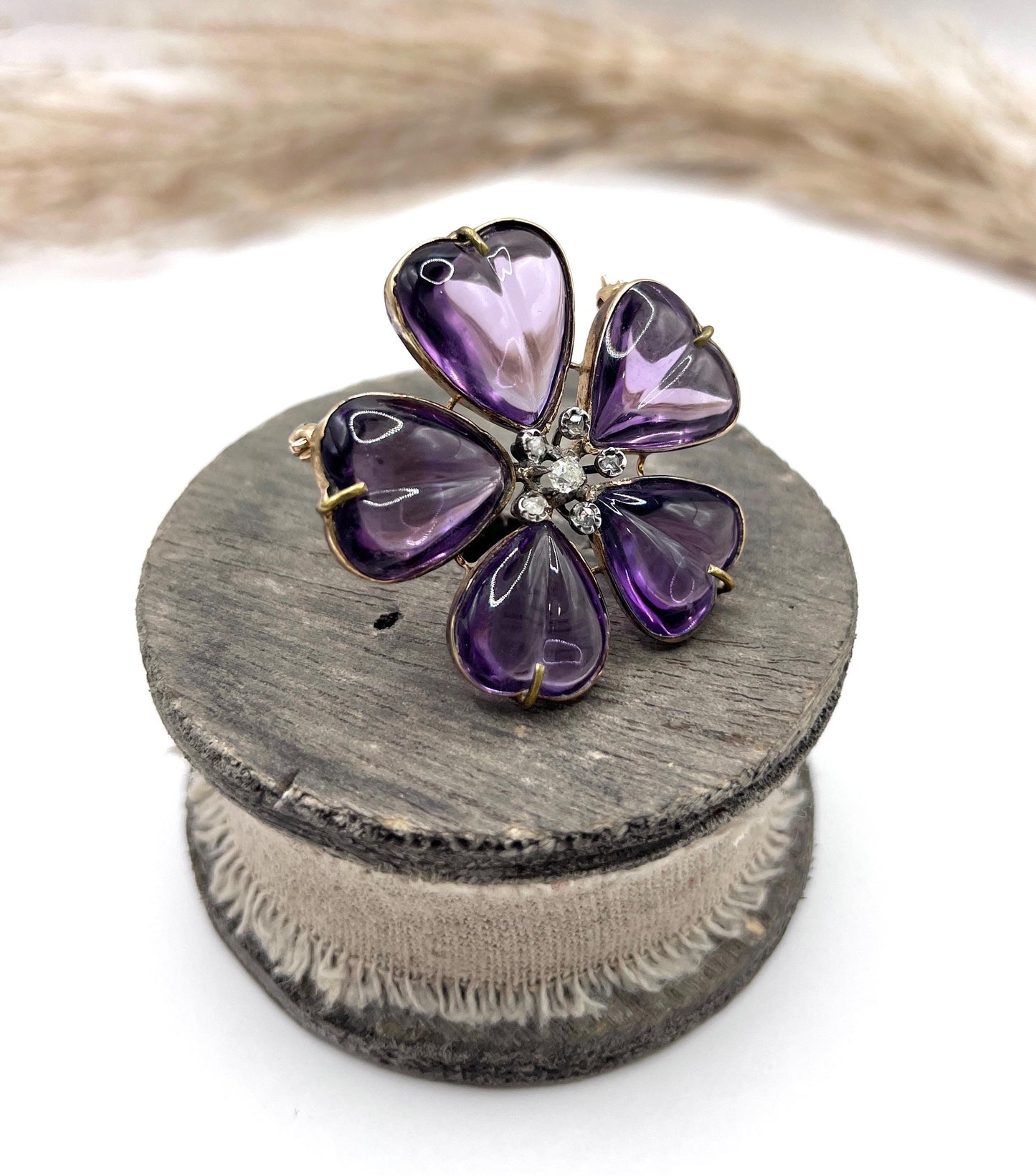 Edwardian Antique Amethyst and Diamond Flower Brooch in 15ct Gold