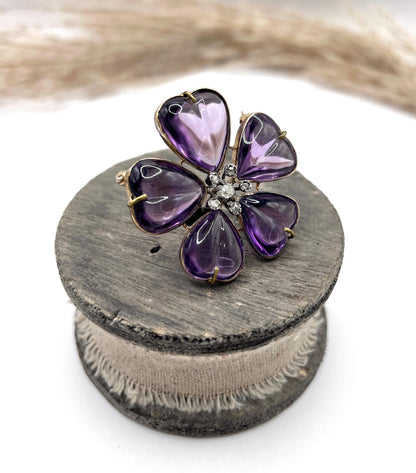 Edwardian Antique Amethyst and Diamond Flower Brooch in 15ct Gold
