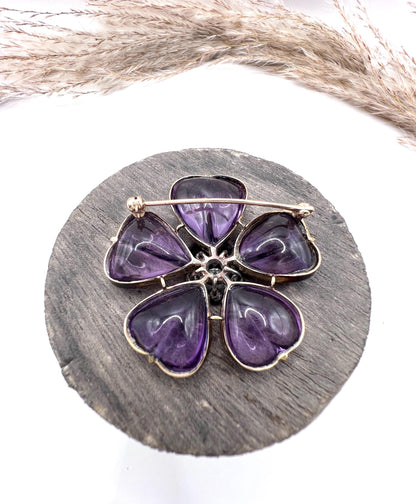 Edwardian Antique Amethyst and Diamond Flower Brooch in 15ct Gold