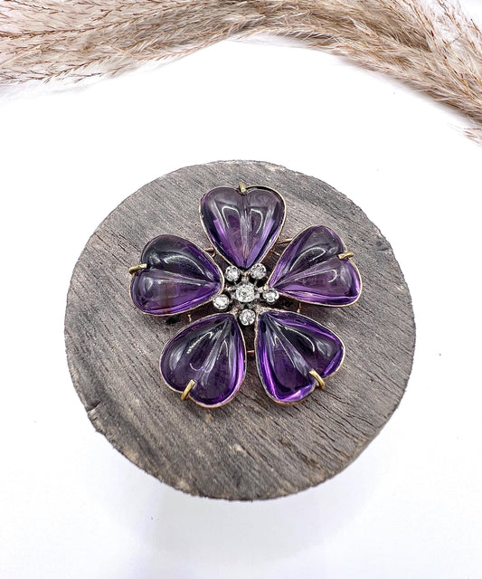 Antique 15ct Gold, Edwardian Amethyst & Diamond Flower Brooch