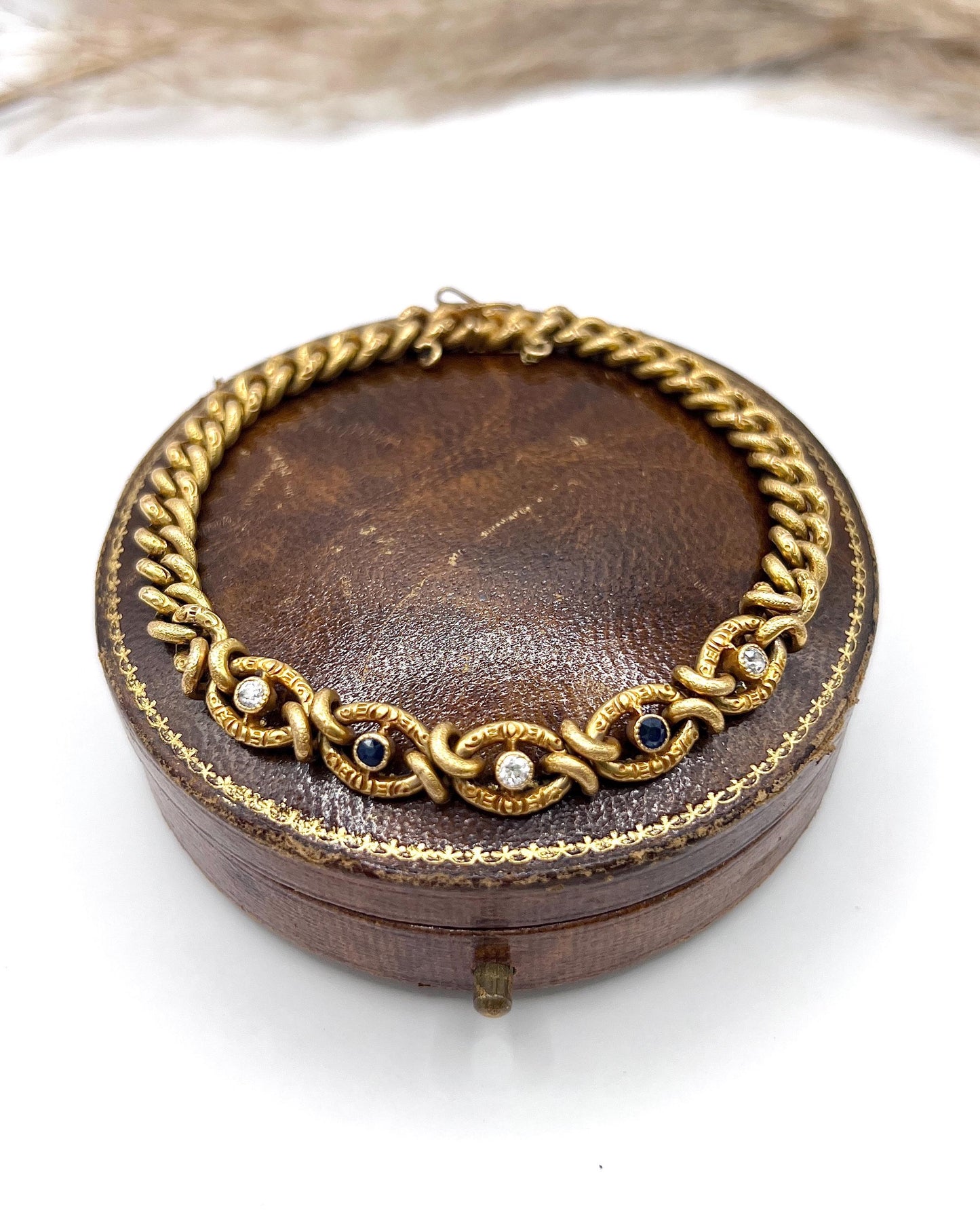 Antique 18ct Yellow Gold, Victorian Sapphire & Diamond, Fancy Curb Link Bracelet