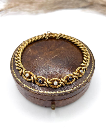 Antique 18ct Yellow Gold, Victorian Sapphire & Diamond, Fancy Curb Link Bracelet