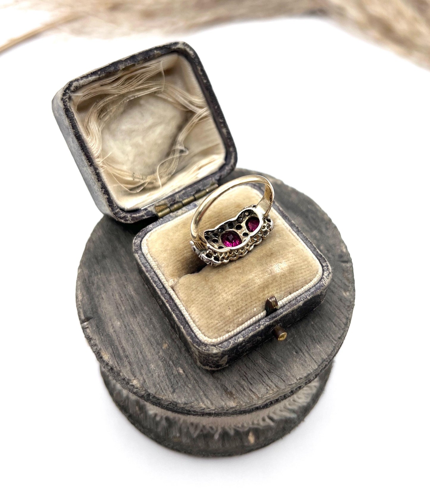 Antique 18ct Gold & Silver, Victorian Ruby and Diamond Triple Cluster Ring