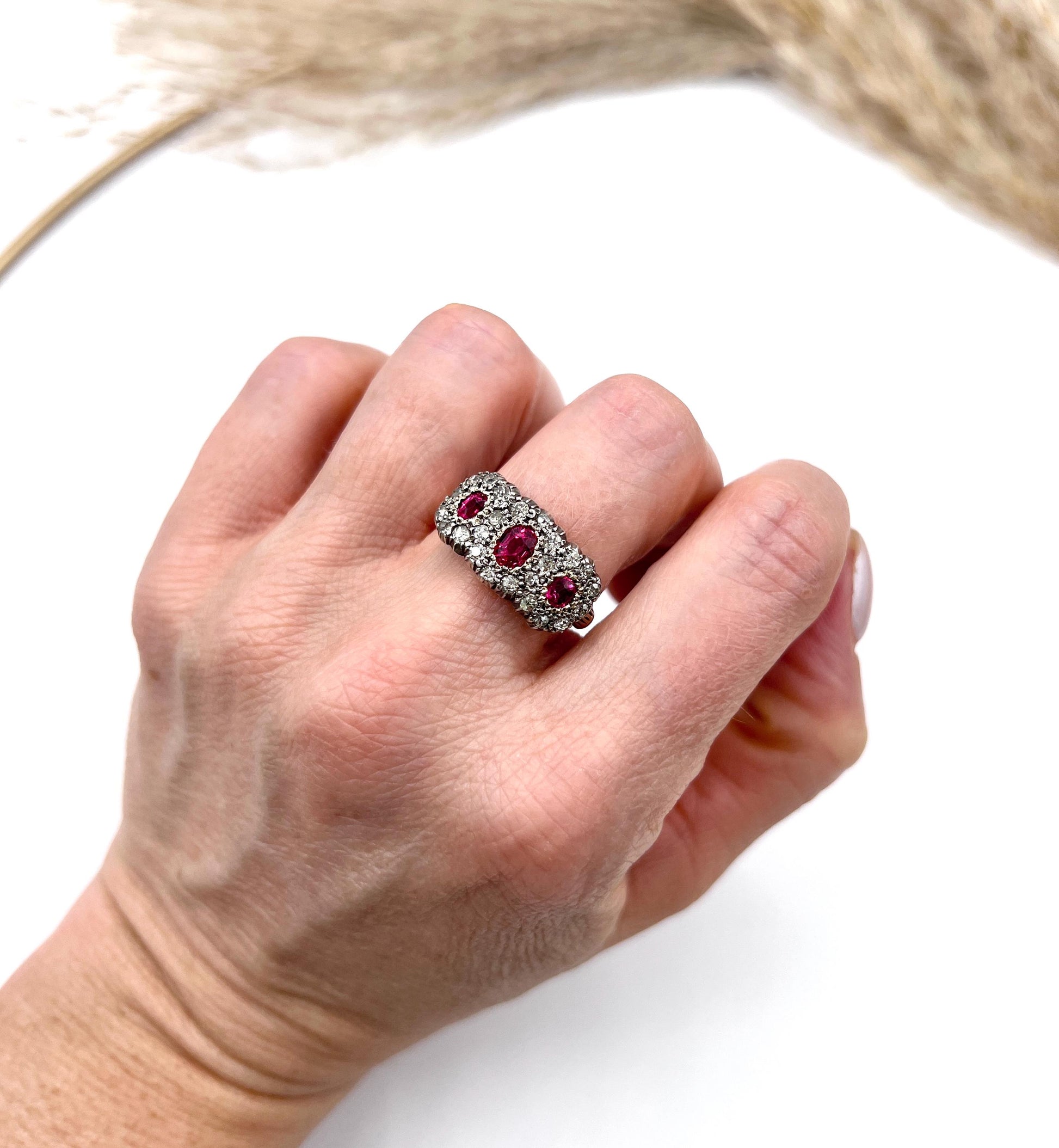 Antique 18ct Gold & Silver, Victorian Ruby and Diamond Triple Cluster Ring