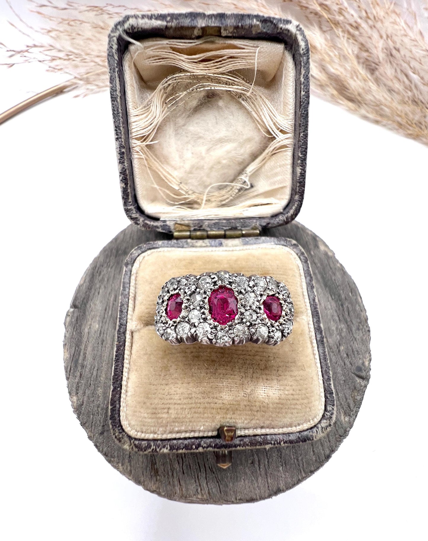 Antique 18ct Gold & Silver, Victorian Ruby and Diamond Triple Cluster Ring