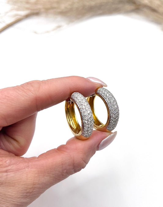 Vintage 18ct Yellow Gold Pavé Diamond Huggies Hoop Earrings, French Stamped