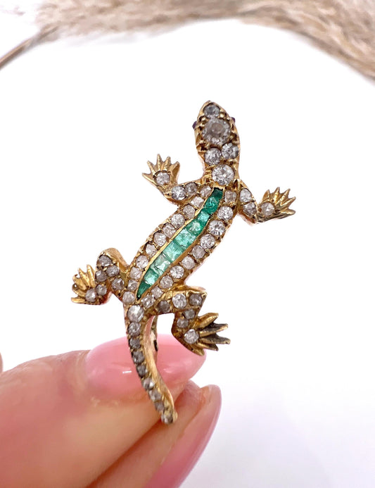 Antique 18ct Gold, Edwardian Diamond & Emerald Lizard Brooch