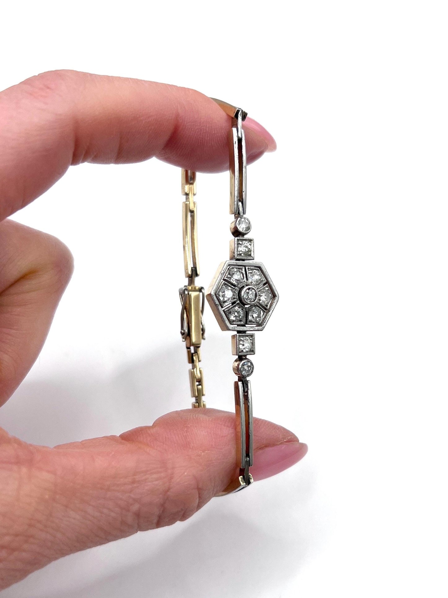 Antique 14ct Gold & Platinum, Edwardian Diamond Hexagonal Bracelet