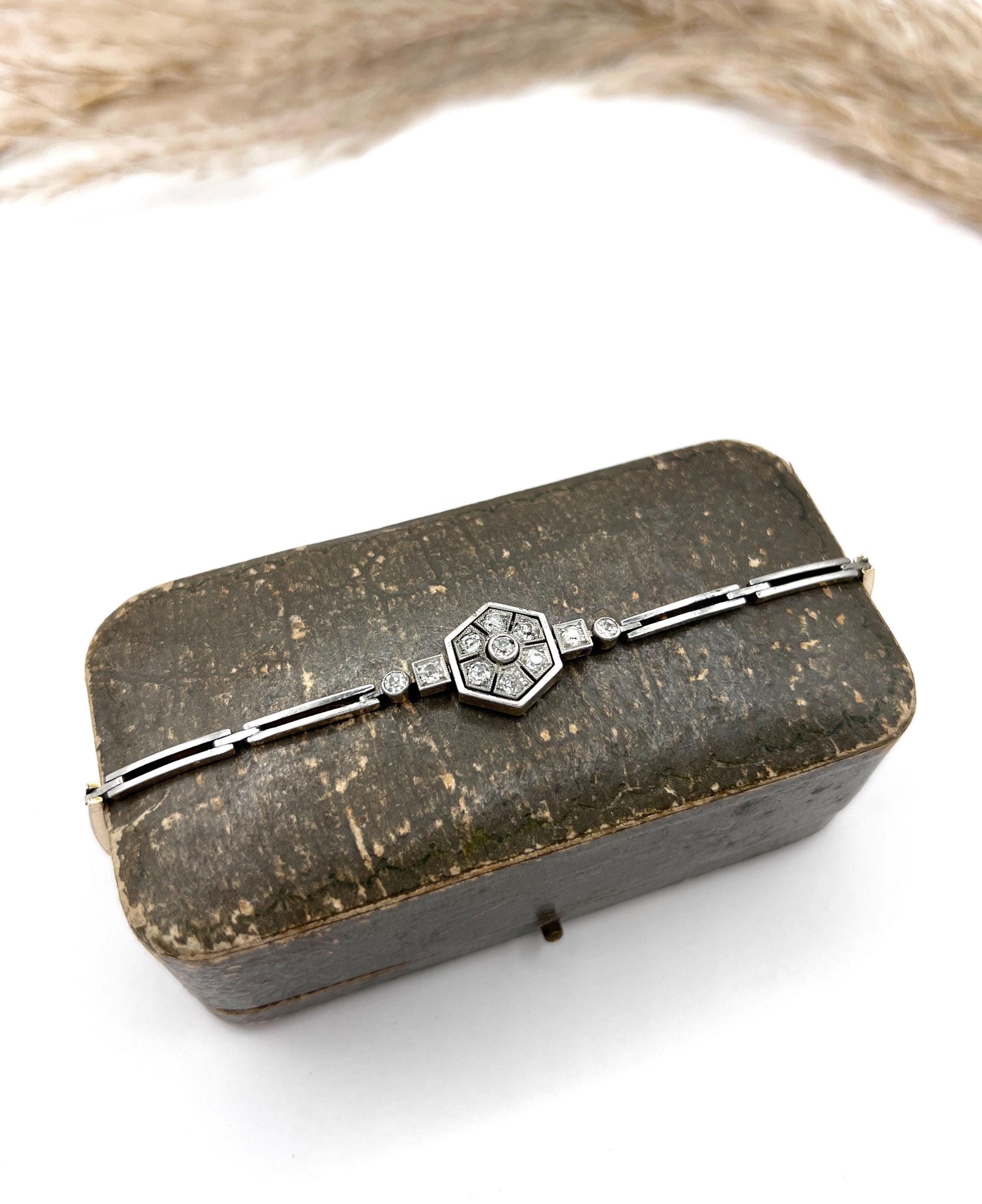 Antique 14ct Gold & Platinum, Edwardian Diamond Hexagonal Bracelet