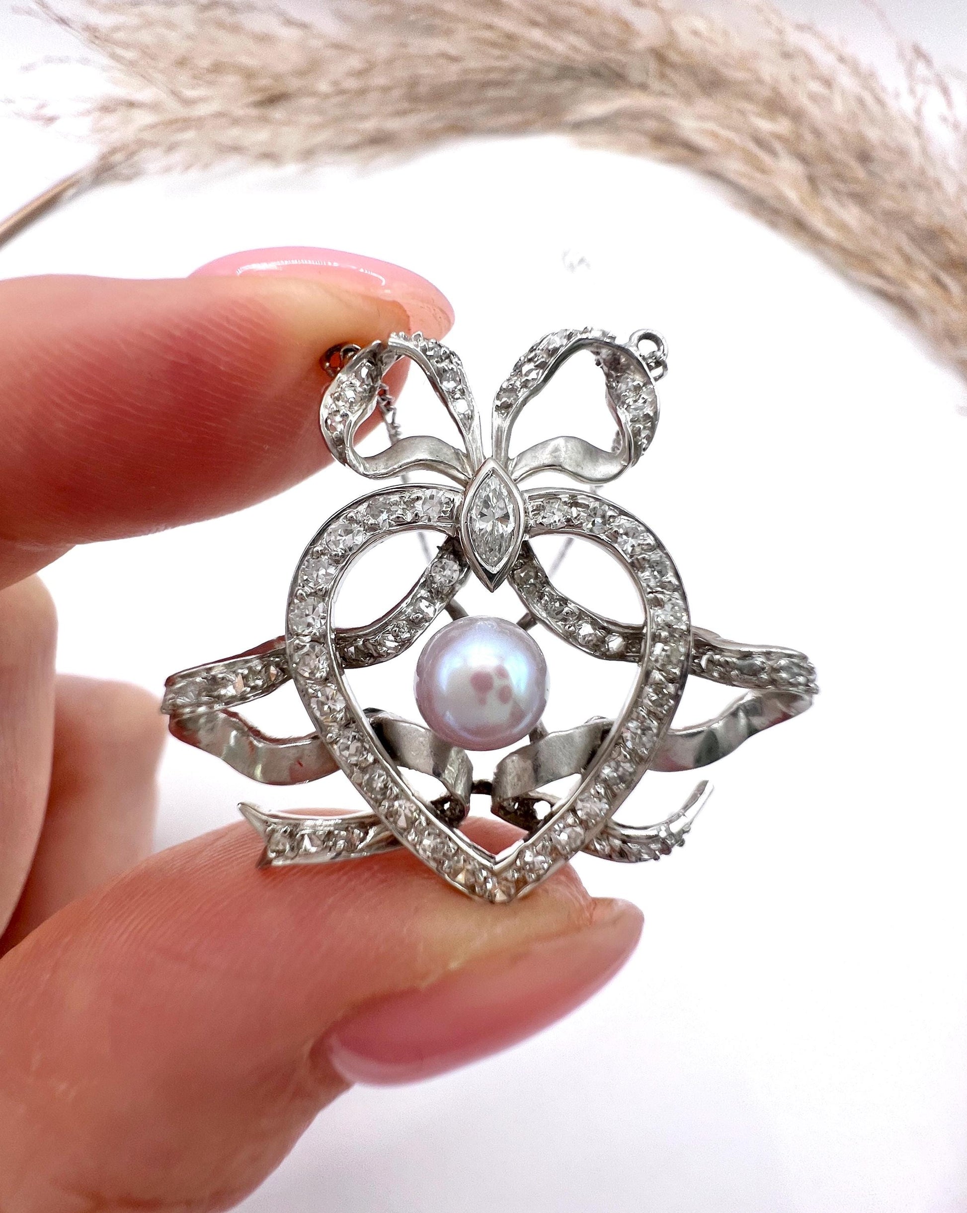Antique Edwardian Heart Bow Pendant Necklace: Platinum, Pearl & Diamond