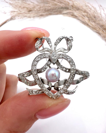 Antique Edwardian Heart Bow Pendant Necklace: Platinum, Pearl & Diamond