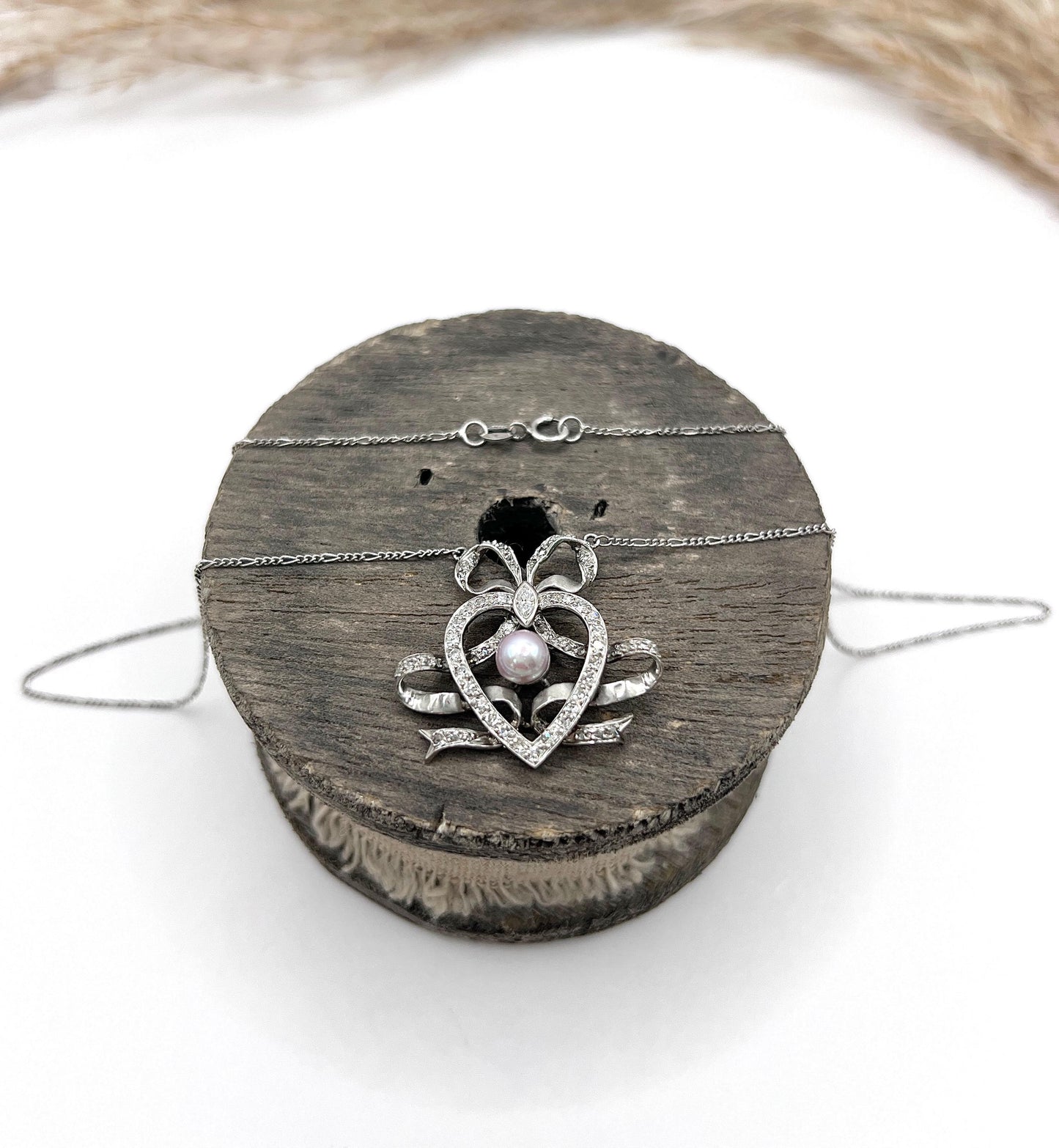 Antique Edwardian Heart Bow Pendant Necklace: Platinum, Pearl & Diamond