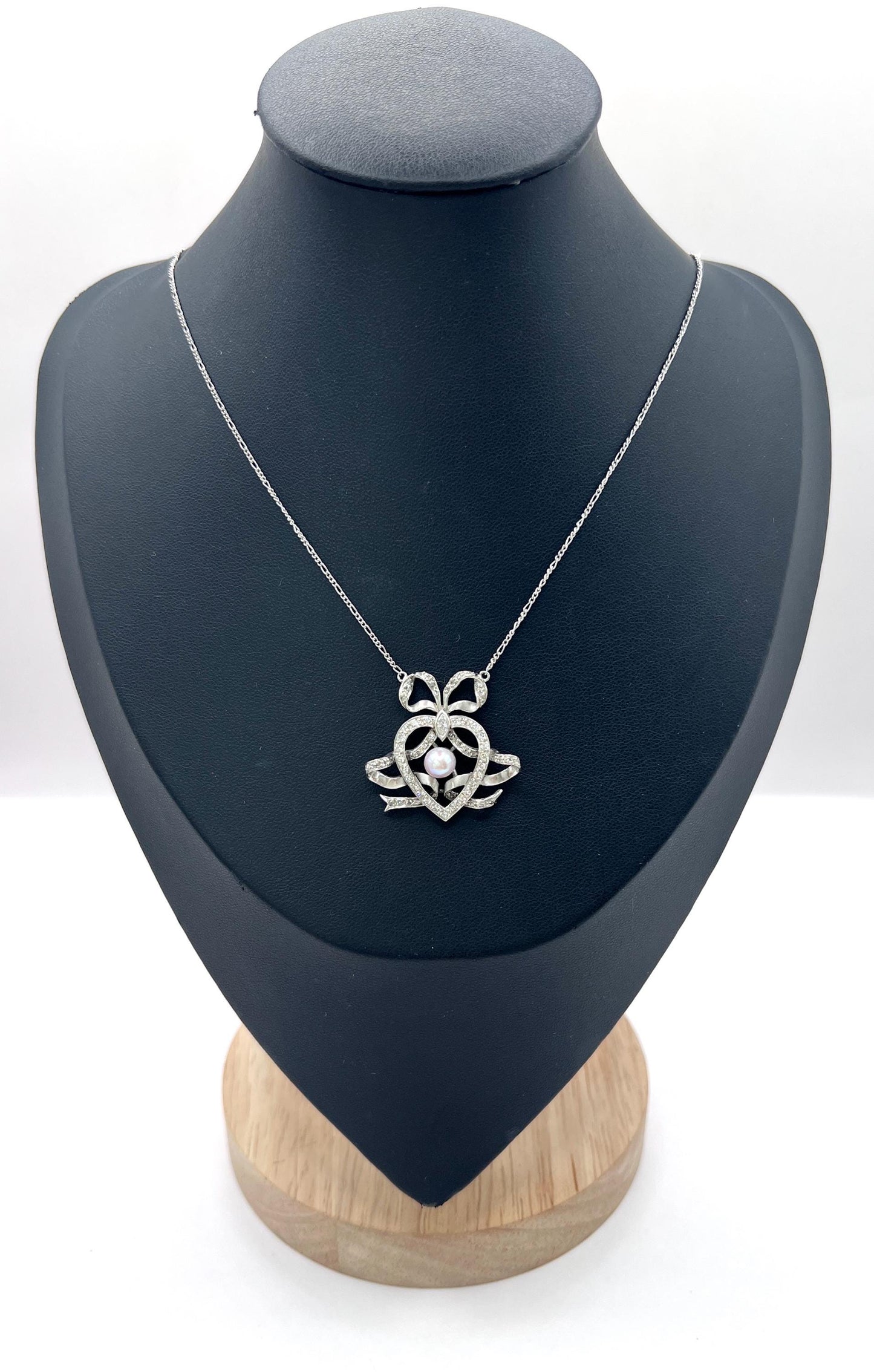 Antique Edwardian Heart Bow Pendant Necklace: Platinum, Pearl & Diamond