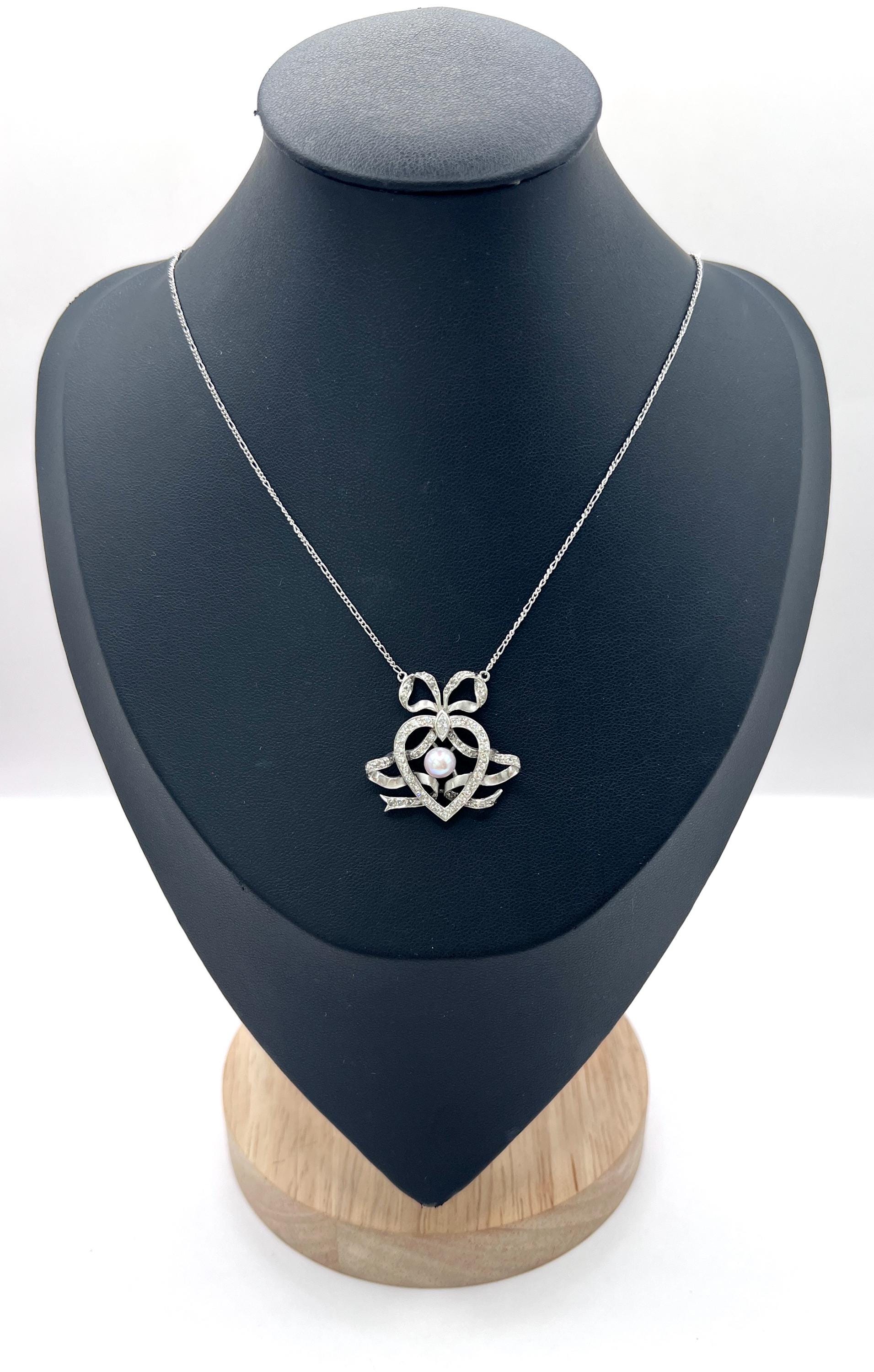 Antique Edwardian Heart Bow Pendant Necklace: Platinum, Pearl & Diamond