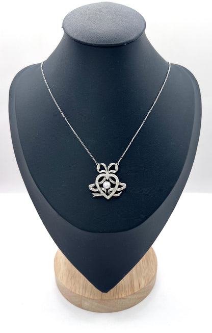 Antique Edwardian Heart Bow Pendant Necklace: Platinum, Pearl & Diamond