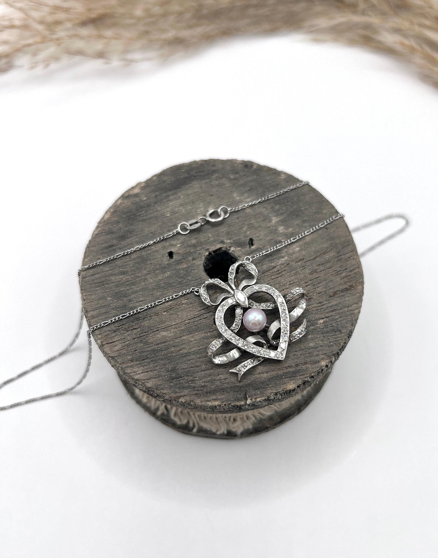 Antique Edwardian Heart Bow Pendant Necklace: Platinum, Pearl & Diamond
