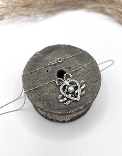 Antique Edwardian Heart Bow Pendant Necklace: Platinum, Pearl & Diamond