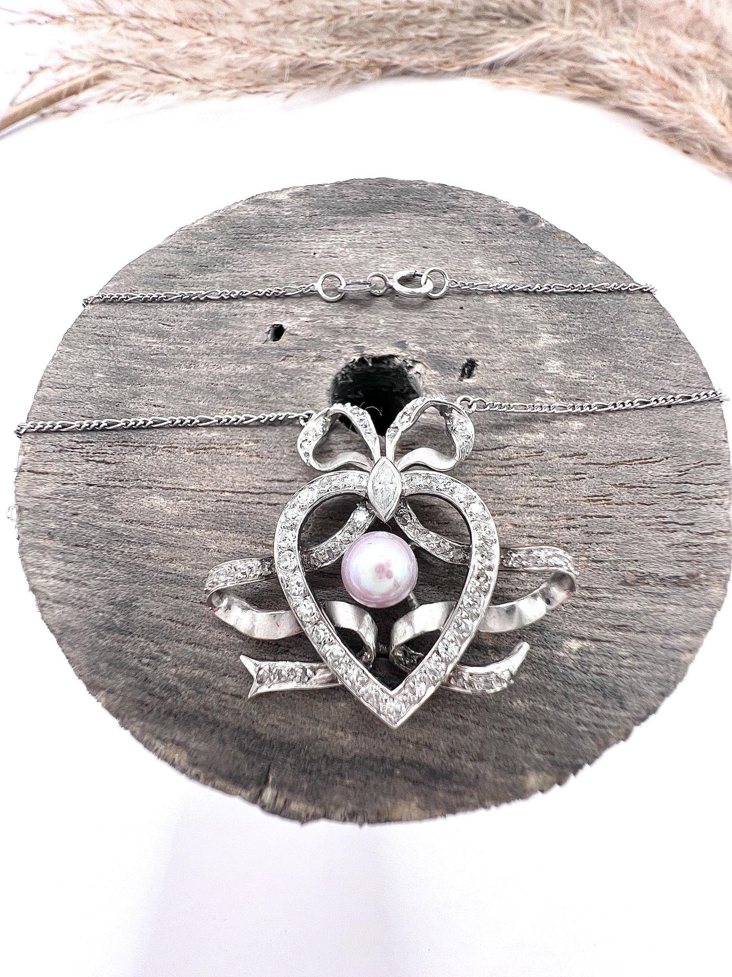 Antique Edwardian Heart Bow Pendant Necklace: Platinum, Pearl & Diamond