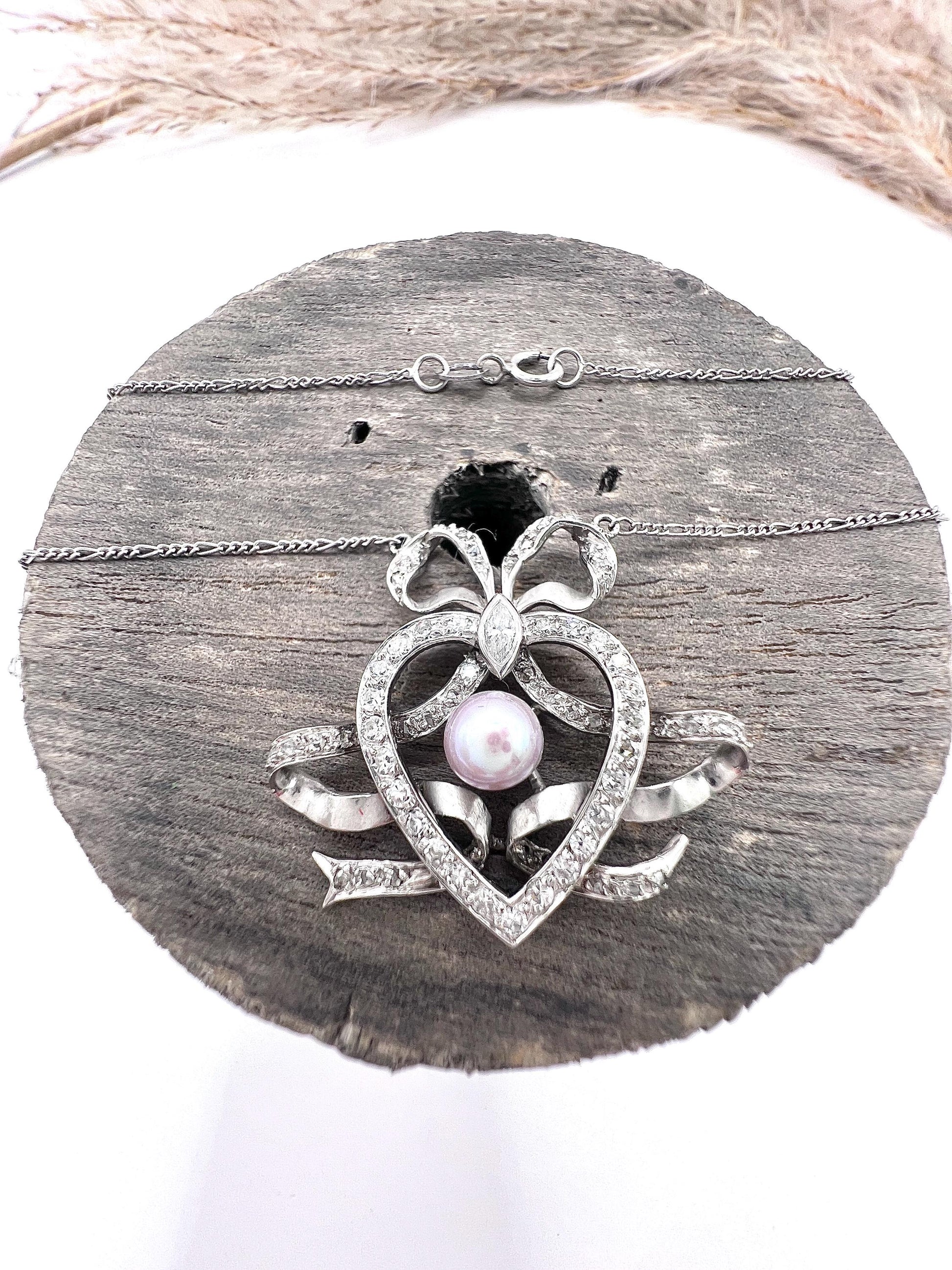 Antique Edwardian Heart Bow Pendant Necklace: Platinum, Pearl & Diamond