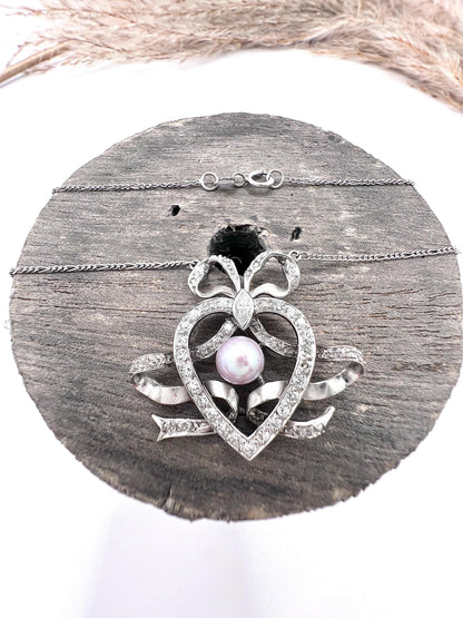 Antique Edwardian Heart Bow Pendant Necklace: Platinum, Pearl & Diamond