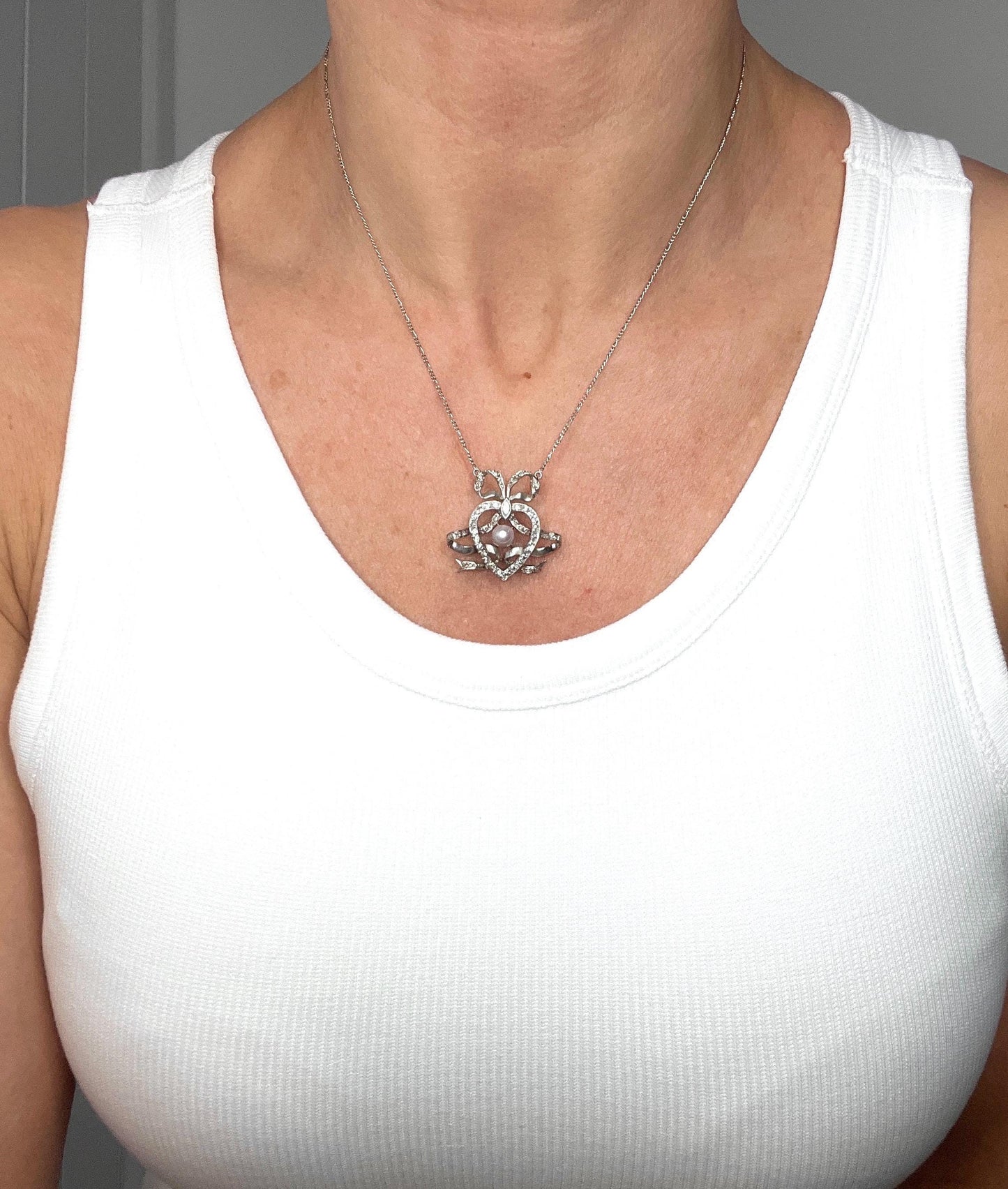 Antique Edwardian Heart Bow Pendant Necklace: Platinum, Pearl & Diamond
