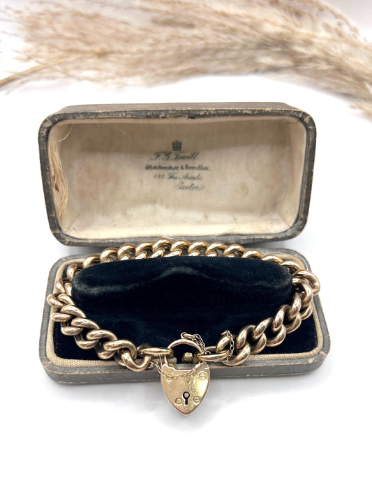 Antique 15ct Rose Gold Stamped, Victorian Curb Link Bracelet with Heart Padlock Clasp