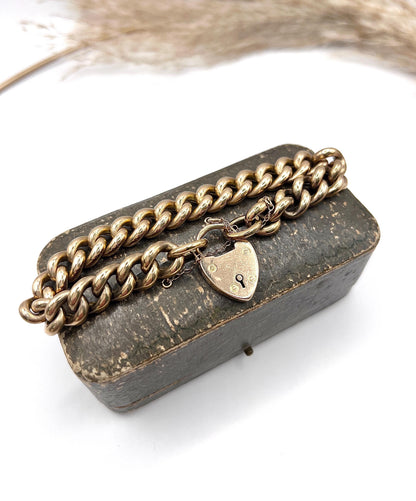 Antique 15ct Rose Gold Stamped, Victorian Curb Link Bracelet with Heart Padlock Clasp