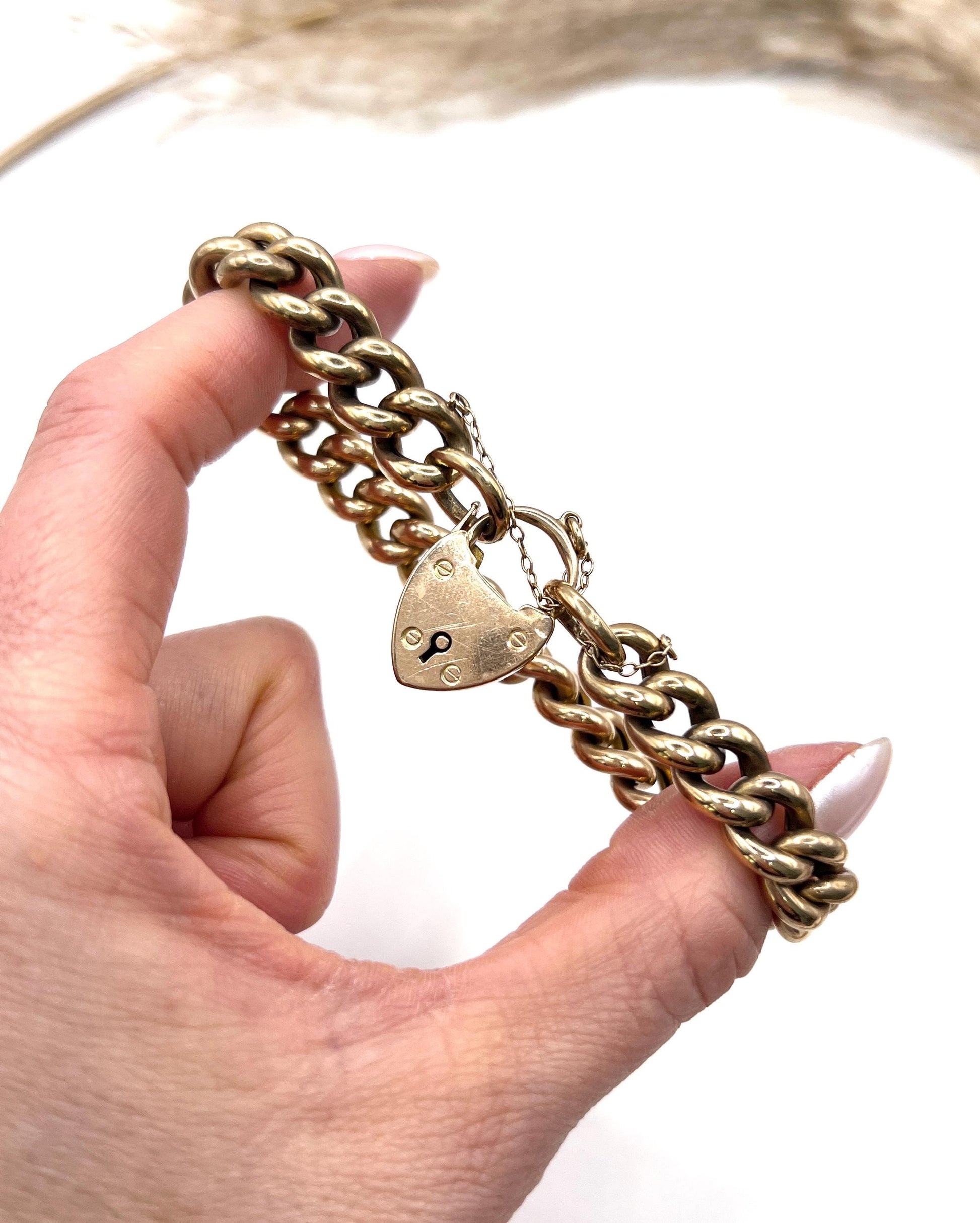 Antique 15ct Rose Gold Stamped, Victorian Curb Link Bracelet with Heart Padlock Clasp