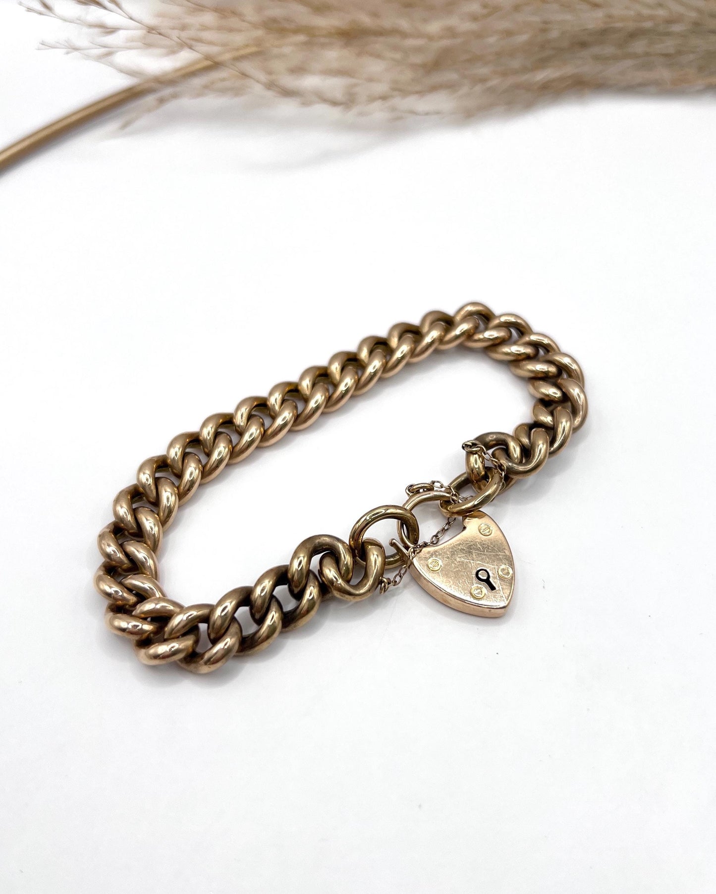 Antique 15ct Rose Gold Stamped, Victorian Curb Link Bracelet with Heart Padlock Clasp