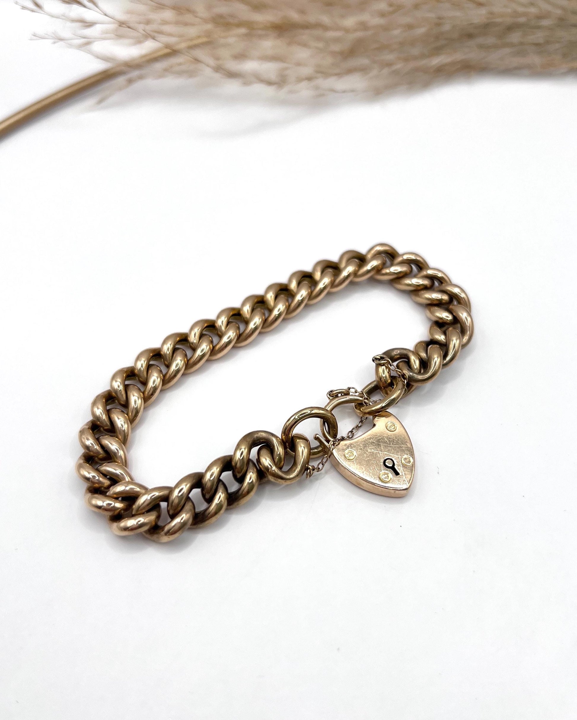 Antique 15ct Rose Gold Stamped, Victorian Curb Link Bracelet with Heart Padlock Clasp