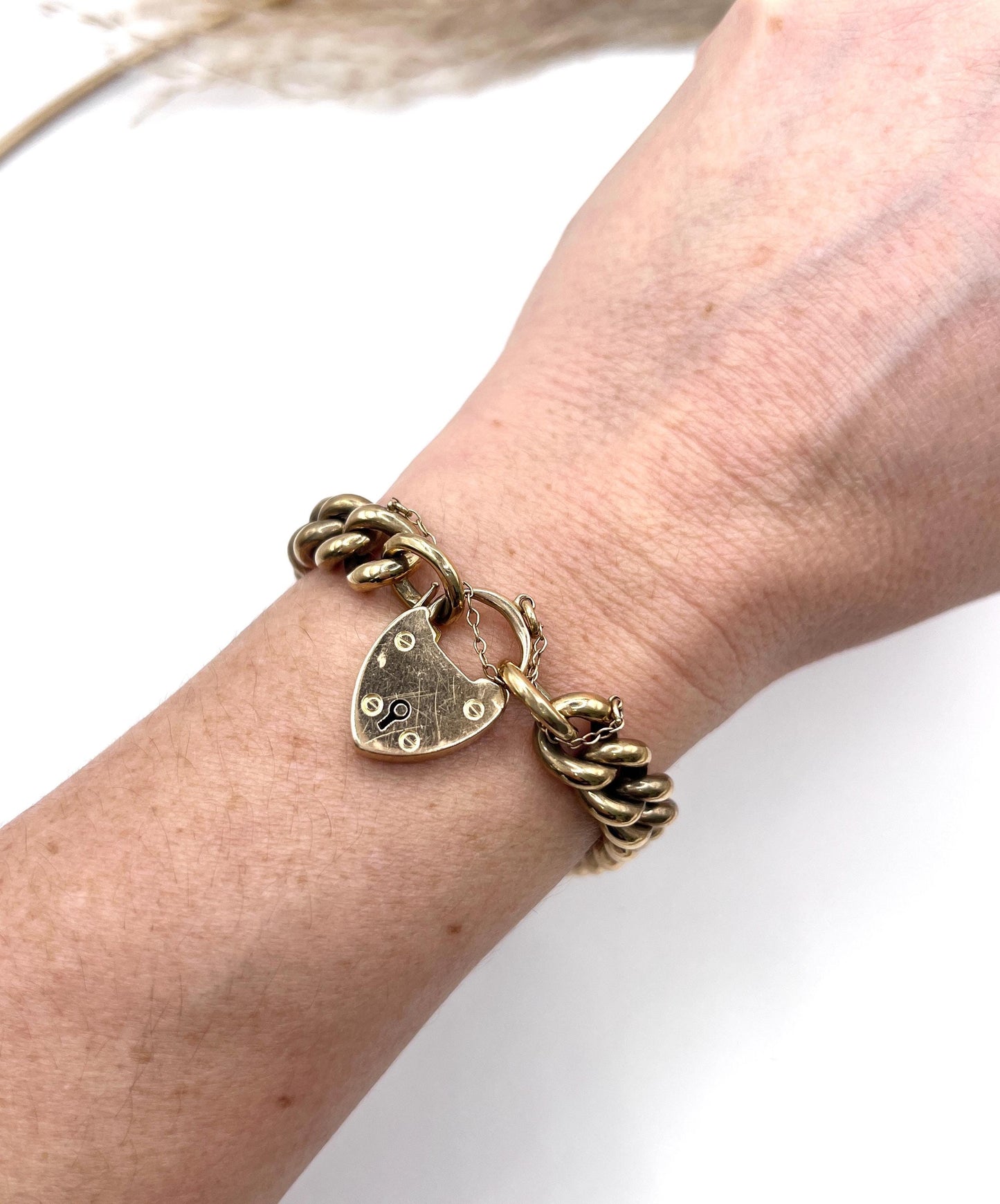 Antique 15ct Rose Gold Stamped, Victorian Curb Link Bracelet with Heart Padlock Clasp