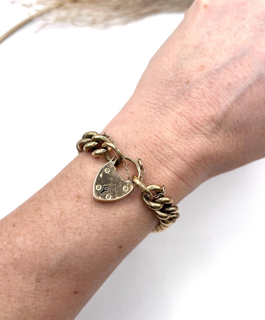 Antique 15ct Rose Gold Stamped, Victorian Curb Link Bracelet with Heart Padlock Clasp