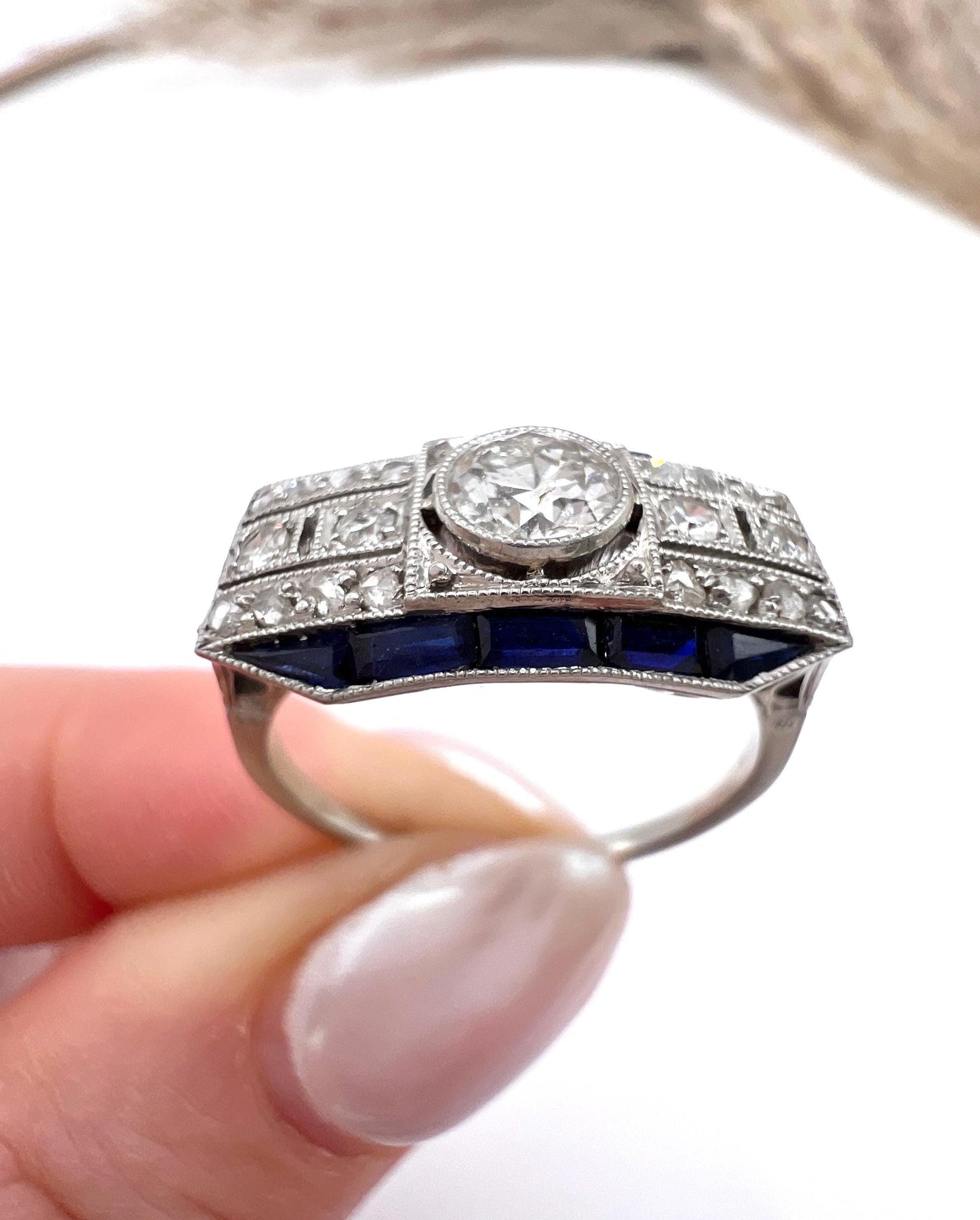 Antique Platinum, 1920s Original Art Deco Sapphire and Diamond Across Finger Ring