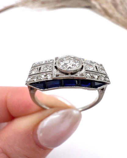 Antique Platinum, 1920s Original Art Deco Sapphire and Diamond Across Finger Ring