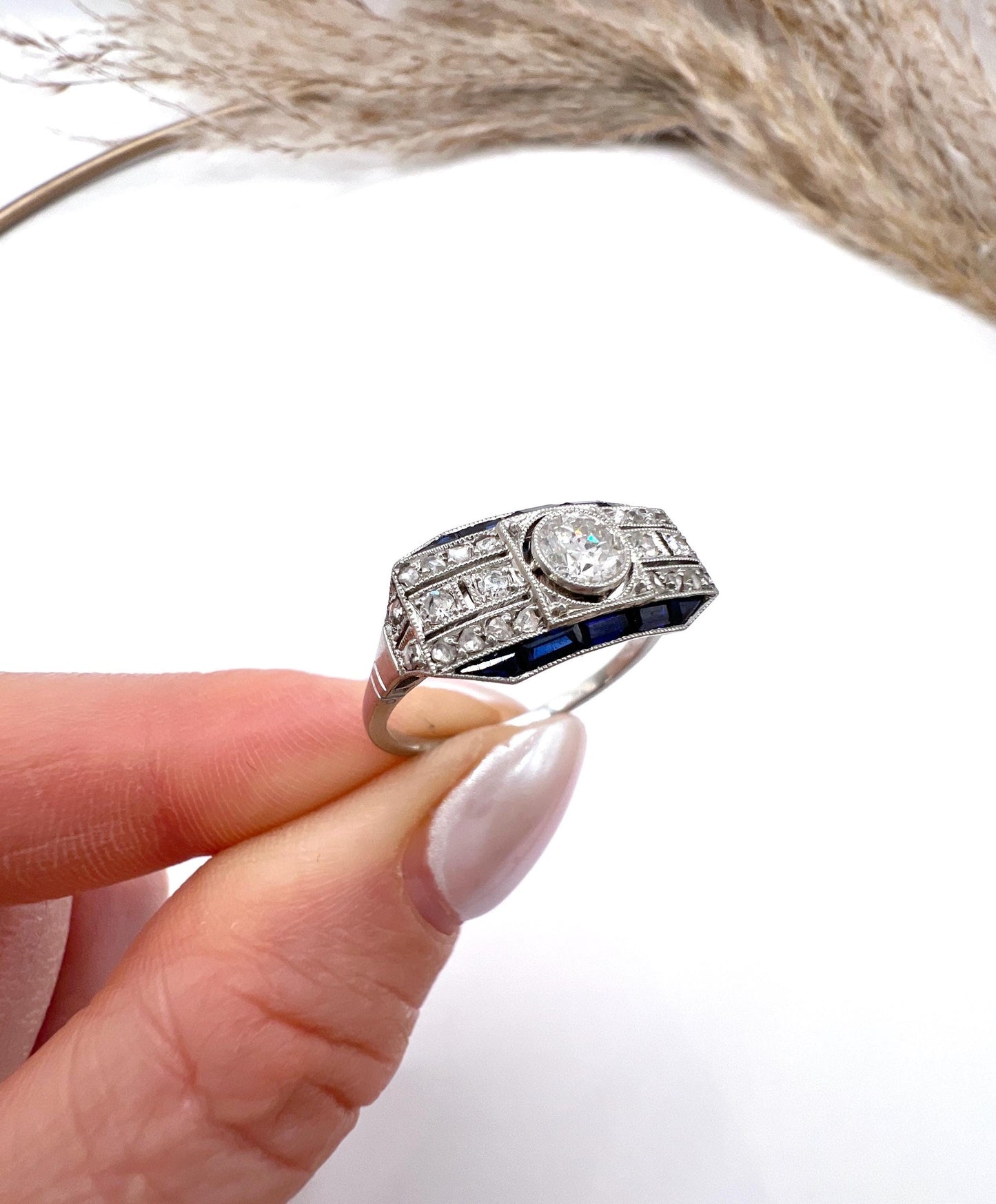 Antique Platinum, 1920s Original Art Deco Sapphire and Diamond Across Finger Ring