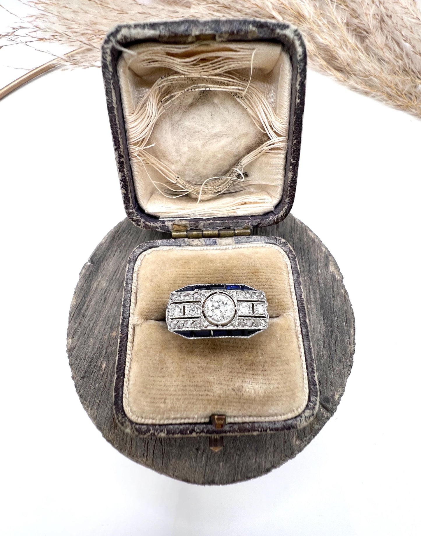 Antique Platinum, 1920s Original Art Deco Sapphire and Diamond Across Finger Ring