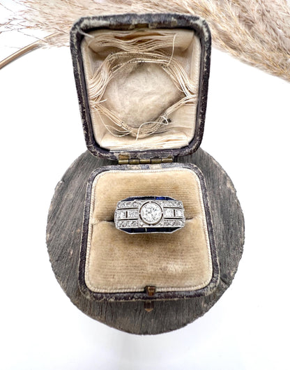 Antique Platinum, 1920s Original Art Deco Sapphire and Diamond Across Finger Ring