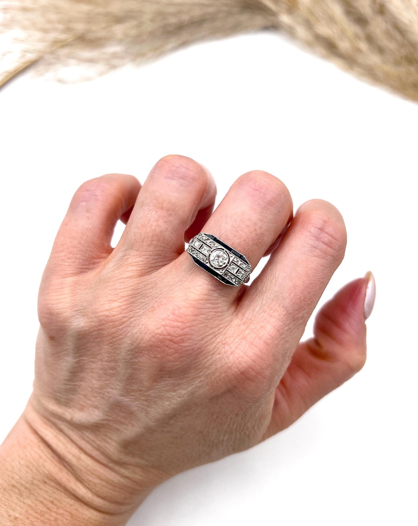 Antique Platinum, 1920s Original Art Deco Sapphire and Diamond Across Finger Ring