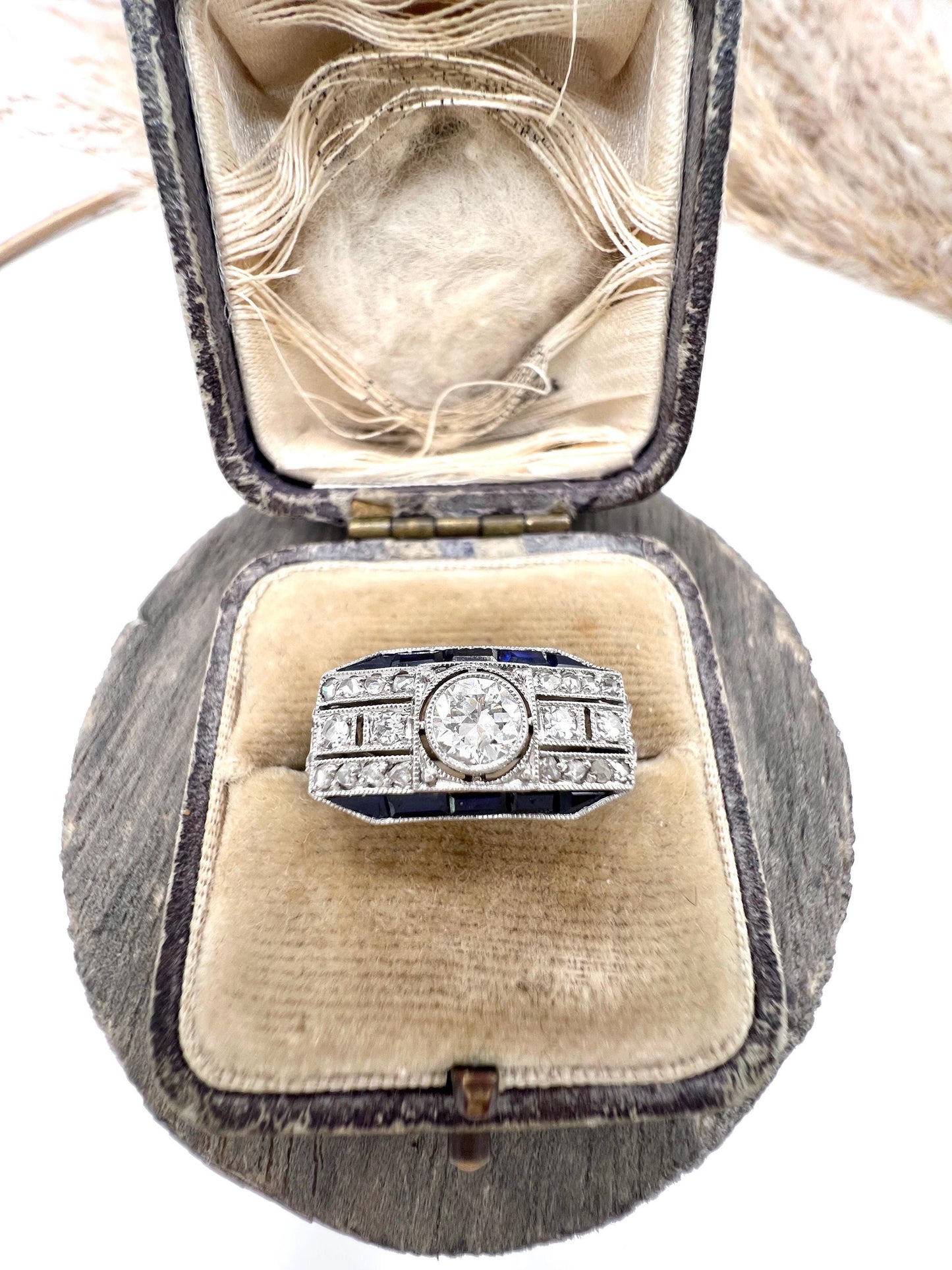 Antique Platinum, 1920s Original Art Deco Sapphire and Diamond Across Finger Ring
