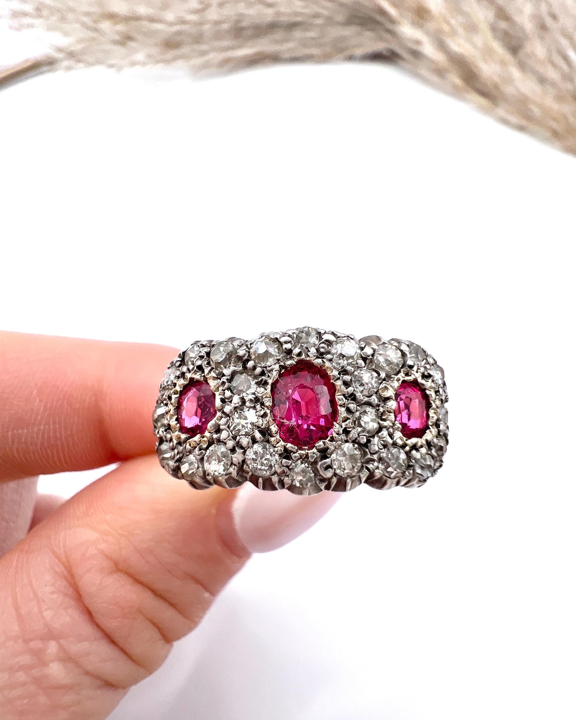 Antique 18ct Gold & Silver, Victorian Ruby and Diamond Triple Cluster Ring