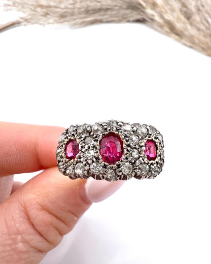 Antique 18ct Gold & Silver, Victorian Ruby and Diamond Triple Cluster Ring