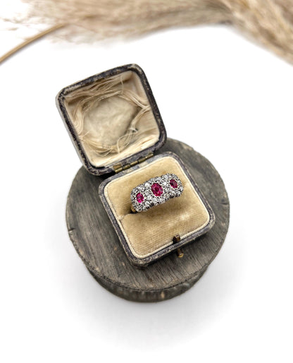 Antique 18ct Gold & Silver, Victorian Ruby and Diamond Triple Cluster Ring