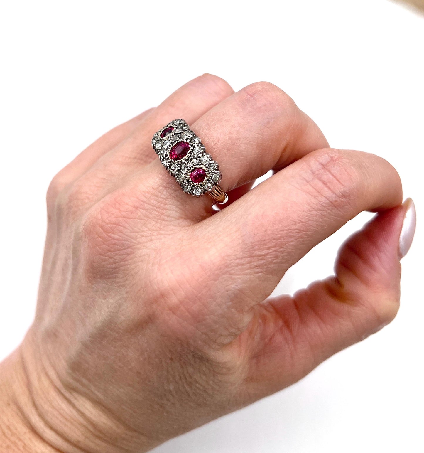 Antique 18ct Gold & Silver, Victorian Ruby and Diamond Triple Cluster Ring
