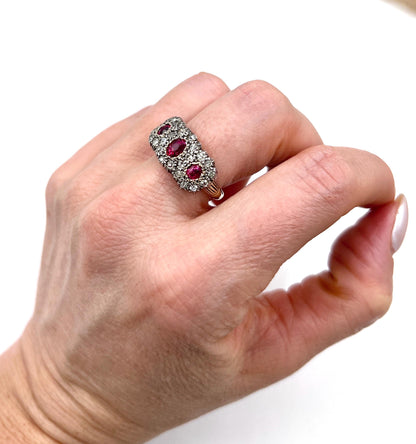 Antique 18ct Gold & Silver, Victorian Ruby and Diamond Triple Cluster Ring
