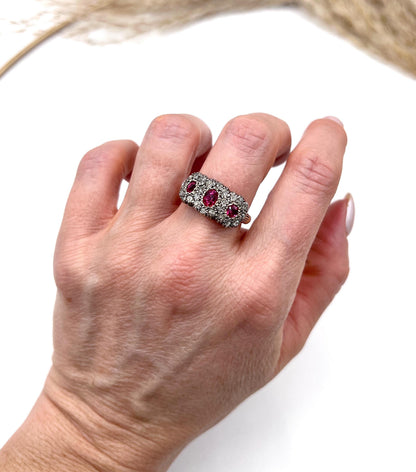 Antique 18ct Gold & Silver, Victorian Ruby and Diamond Triple Cluster Engagement Ring
