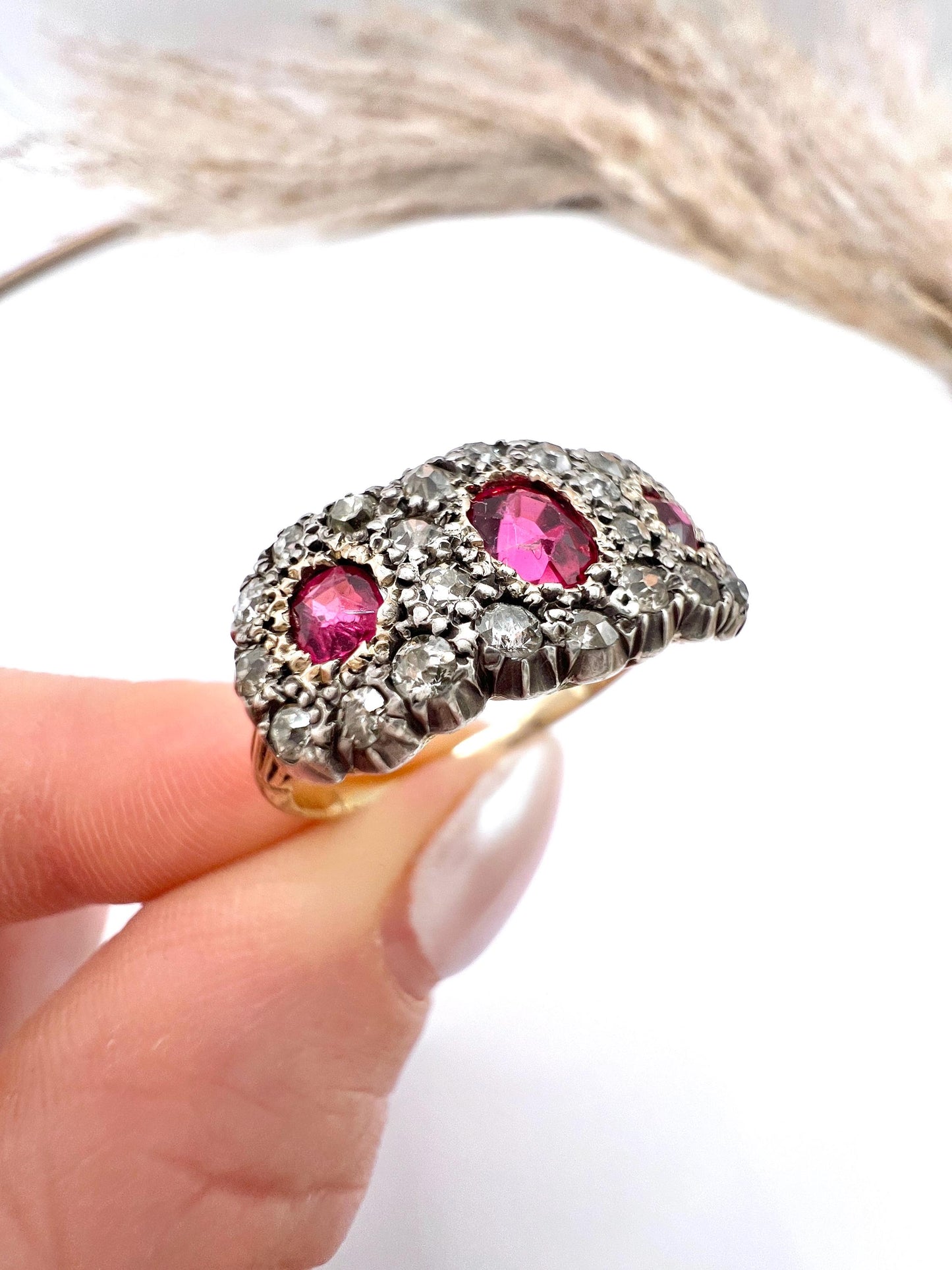 Antique 18ct Gold & Silver, Victorian Ruby and Diamond Triple Cluster Ring