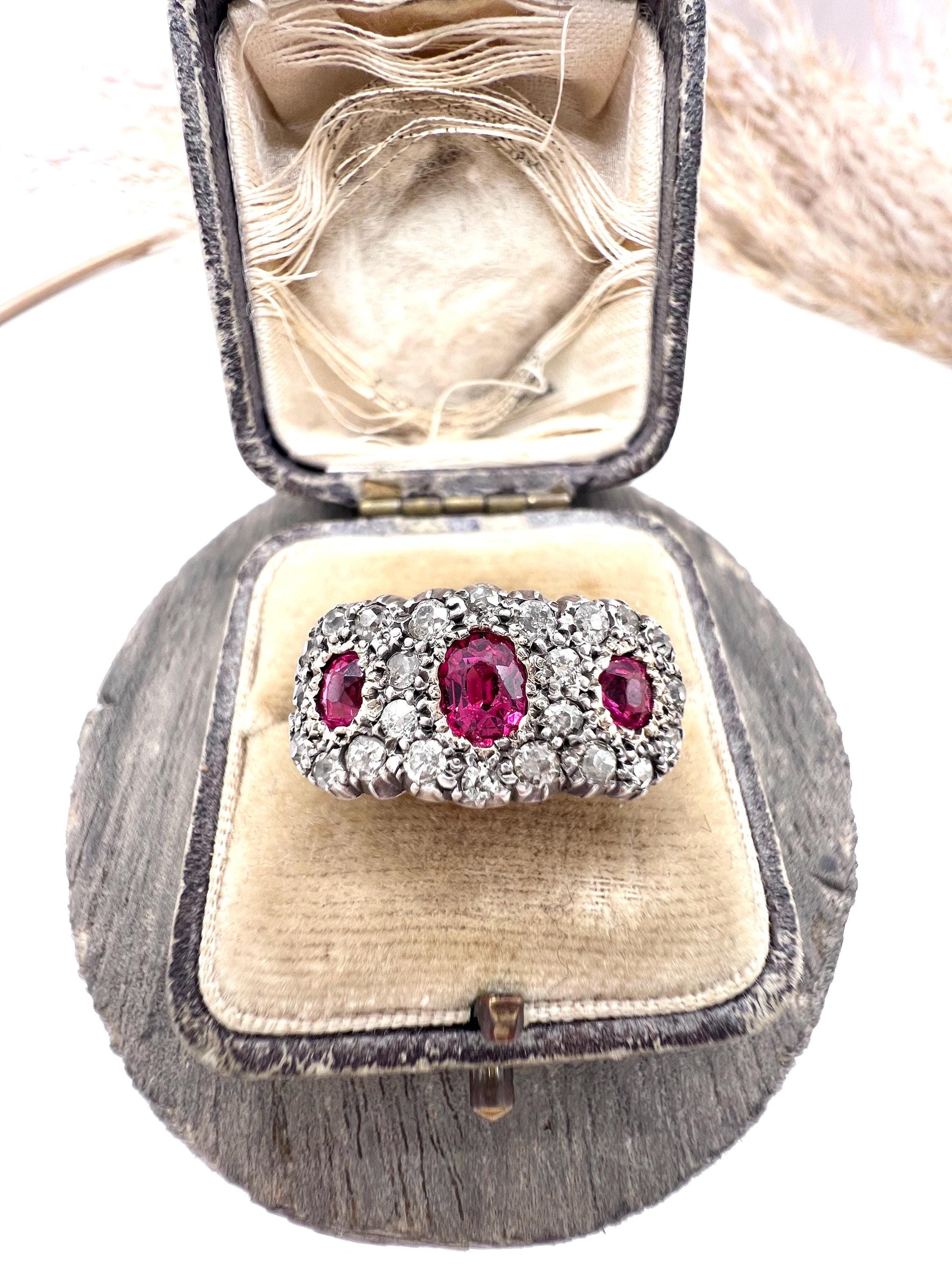 Antique 18ct Gold & Silver, Victorian Ruby and Diamond Triple Cluster Ring