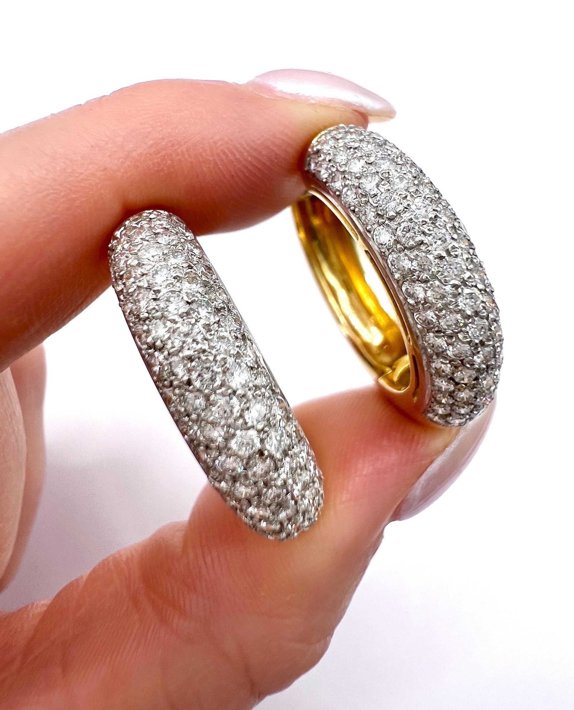 Vintage 18ct Yellow Gold Pavé Diamond Huggies Hoop Earrings