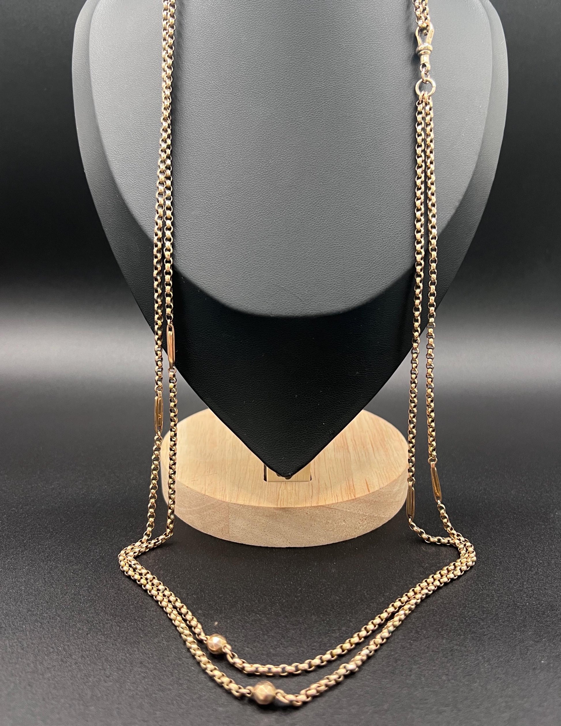 Antique 9ct Gold Belcher Chain: Edwardian Fancy Link Long Guard Necklace