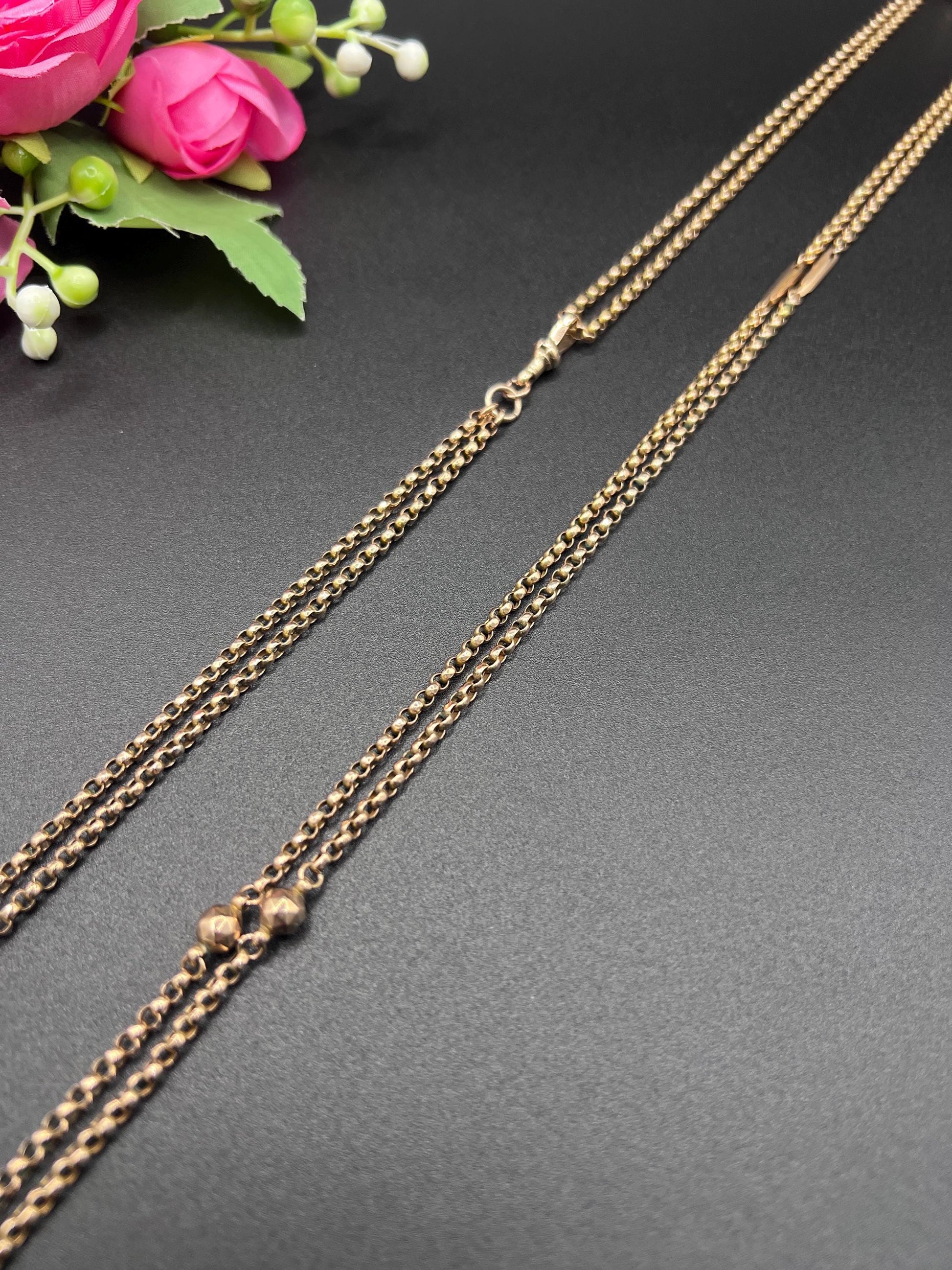 Antique 9ct Gold Belcher Chain: Edwardian Fancy Link Long Guard Necklace